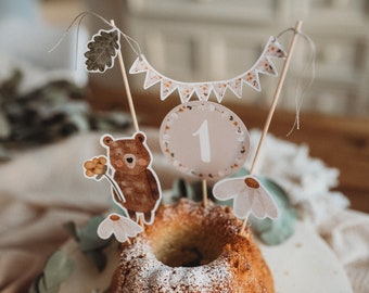 erster Geburtstag Caketopper Bär Waldtiere Babyparty Tortenstecker 1. Geburtstag Kindergeburtstag Kuchendekoration Tischdekoration