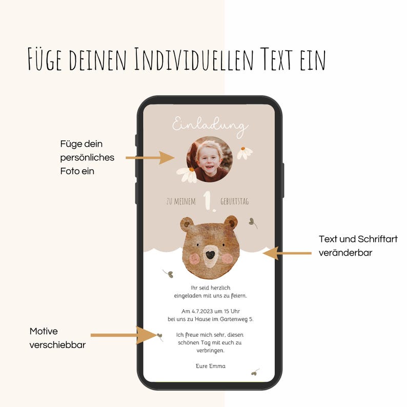 1. Geburtstag Einladung whatsApp Handy digital Bär Party Kindergeburtstag image 2