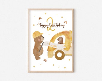 Baustelle Geburtstag Poster Tiere Bagger Kindergeburtstag Bär personalisiert
