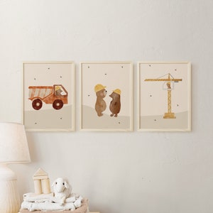 Postertrio Aquarell Baustelle Bagger A4 boho Kipplaster Junge