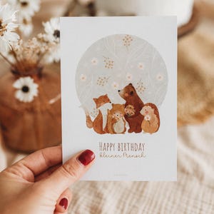 Geburtstagskarte glückwunschkarte Tischdekoration Waldtiere Bär Salbei Kindergeburtstag erster Geburtstag boho