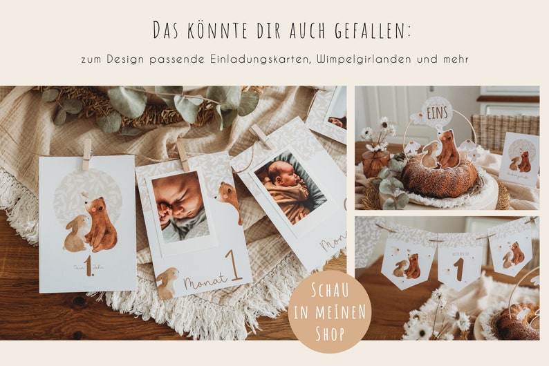 Jahreskarten Jahresmeilensteinkarten ersten Geburtstag Bär Hase Wimpelgirlande Meilensteinkarte ersten Jahr Jahresrückblick boho beig Wald Bild 10