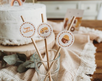 Baustelle Geburtstag Strohhalm Tischdekoration Bagger Junge Dekoration Kindergeburtstag Boho Kuchendekoration