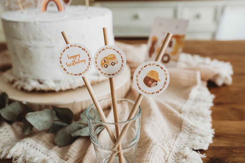 Baustelle Geburtstag Strohhalm Tischdekoration Bagger Junge Dekoration Kindergeburtstag Boho Kuchendekoration image 1