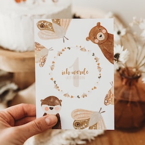 Einladungskarte 1. Geburtstag Waldtiere Blumen Baby Babyparty Einladung Kindergeburtstag erster Geburtstag boho