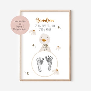 Geburtsgeschenk Fußabdruck Póster Geburt Gans Tiere Blume Mädchen personalisiert Gänseblume