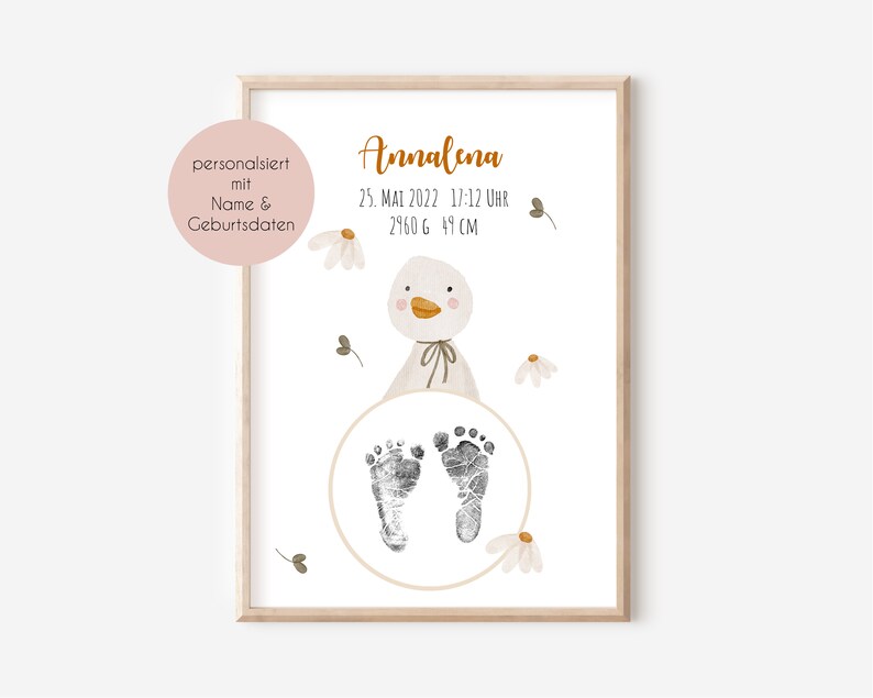 May include: A white and gray baby footprint art print with a cute cartoon duck illustration. The print includes the name Annalena, the date May 25, 2022, the time 17:12, the weight 2960 grams, and the length 49 centimeters.