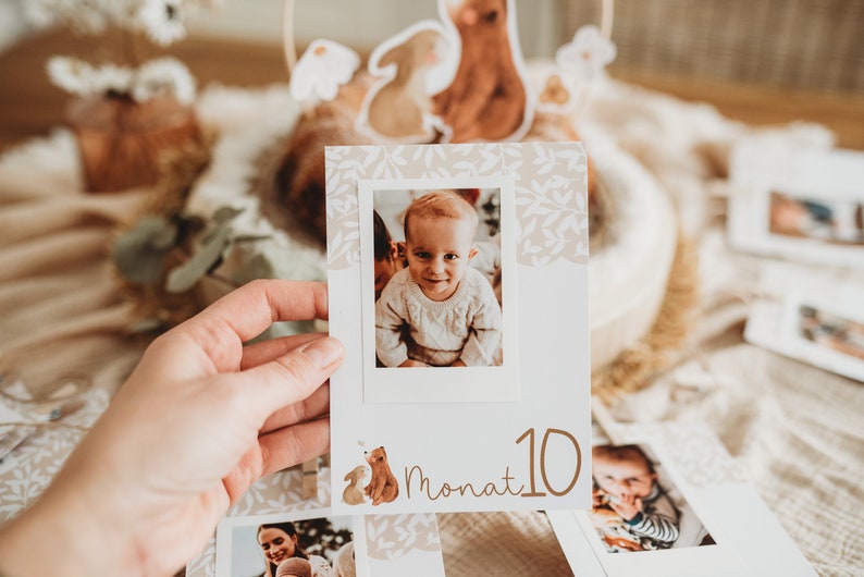 Jahreskarten Jahresmeilensteinkarten ersten Geburtstag Bär Hase Wimpelgirlande Meilensteinkarte ersten Jahr Jahresrückblick boho beig Wald Bild 5