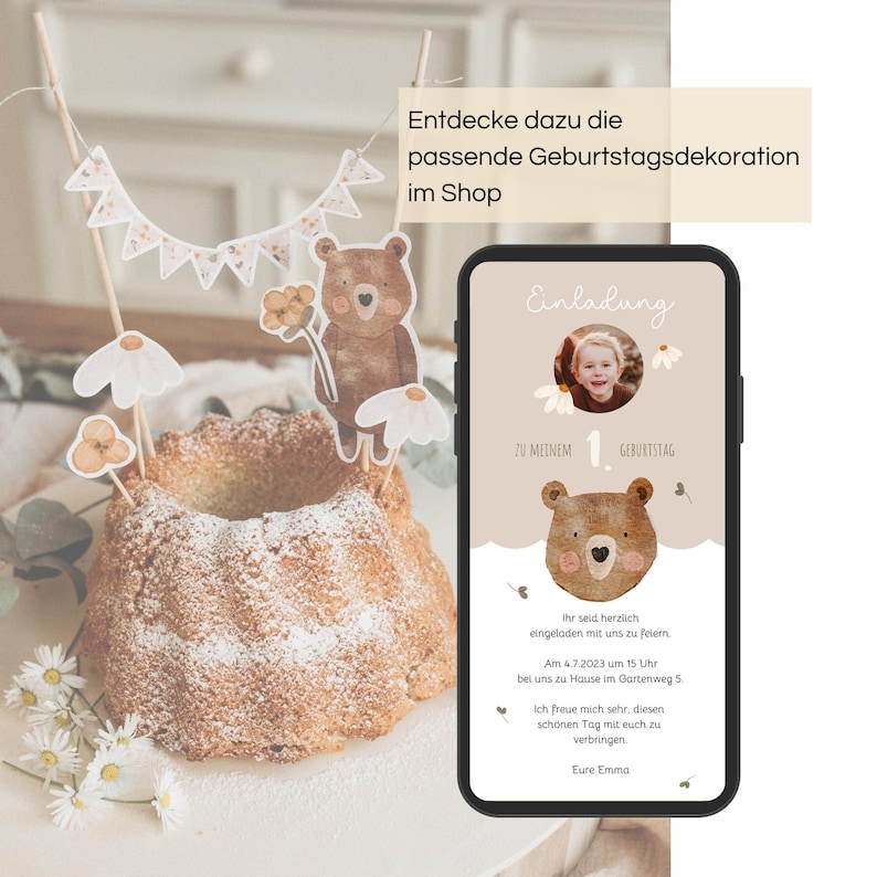 1. Geburtstag Einladung whatsApp Handy digital Bär Party Kindergeburtstag image 5