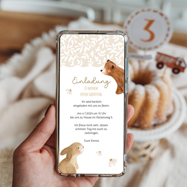 1. Geburtstag Einladung whatsApp Handy digital Bär Hase Party Kindergeburtstag