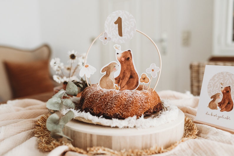 erster Geburtstag Caketopper Bär Hase Babyparty Tortenstecker 1. Geburtstag Kindergeburtstag Kuchendekoration Tischdekoration Bild 1