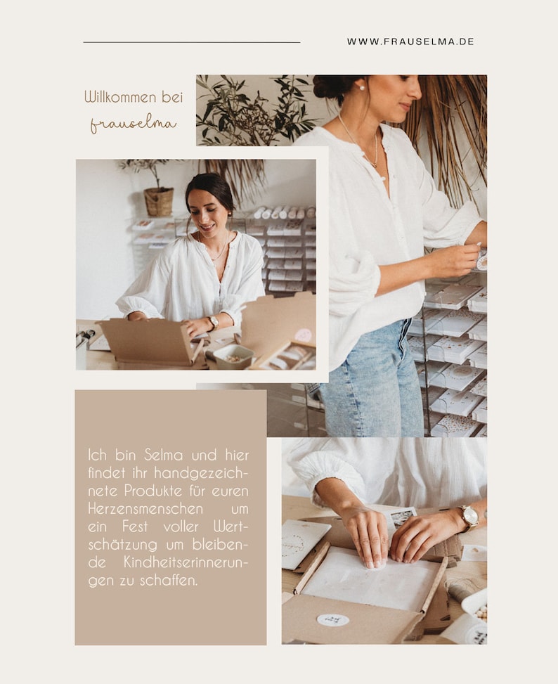 Peut inclure: Un collage pr&eacute;sentant une femme en chemisier blanc, manipulant de la papeterie et des emballages. Le texte comprend "Willkommen bei frauselma" et "WWW.FRAUSELMA.DE". L'image a une esth&eacute;tique chaleureuse, sugg&eacute;rant des produits faits &agrave; la main.