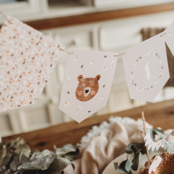 Girlande Bär erster Geburtstag Waldtiere 1. Geburtstag Tiere Babyparty Dekoration Boho Tischdekoration Blumen beige neutral