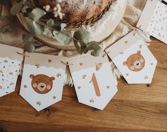 Girlande Otter Bär erster Geburtstag Waldtiere 1. Geburtstag Tiere Babyparty Dekoration Boho Tischdekoration Blumen beige neutral