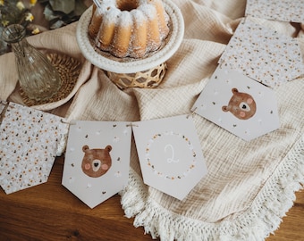 2. Geburtstag Girlande Bär zweiter Geburtstag Waldtiere Tiere Babyparty Dekoration Boho Tischdekoration Blumen beige neutral