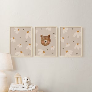 Postertrio Bär Aquarell Gänseblumen A4 boho Waldtiere Mädchen Junge