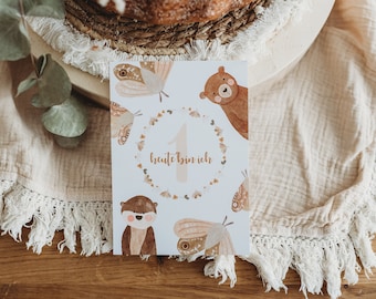 1. Geburtstag Tischdekoration Karte Bär beige Baby Babyparty Kindergeburtstag erster Geburtstag boho