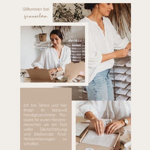 Pu&ograve; includere: Un collage con il testo "Willkommen bei frauselma" e "WWW.FRAUSELMA.DE". L'immagine mostra una persona con una camicia bianca, che lavora su un laptop e confeziona articoli. Il blocco di testo recita: "Ich bin Selma und hier findet ihr liebevoll handgezeichnete Produkte..."