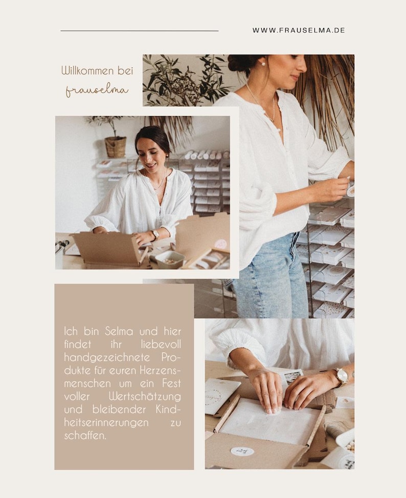 Pu&ograve; includere: Un collage con il testo "Willkommen bei frauselma" e "WWW.FRAUSELMA.DE". L'immagine mostra una persona con una camicia bianca, che lavora su un laptop e confeziona articoli. Il blocco di testo recita: "Ich bin Selma und hier findet ihr liebevoll handgezeichnete Produkte..."