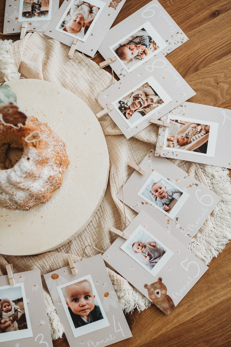 Jahreskarten Jahresmeilensteinkarten ersten Geburtstag Wimpelgirlande Meilensteinkarte erstes Jahr Jahresrückblick boho beige Bär Wald Bild 7