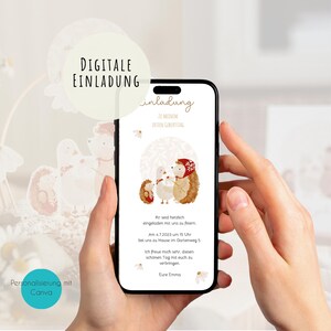 May include: Digital invitation with a cute illustration of three hedgehogs in a snowy forest. The text reads "Digital Invitation to my first birthday. You are cordially invited to celebrate with us on July 4, 2023 at 3 PM at our home, 5 Garden Way. I am so excited to celebrate this special day with you. Love, Emma."