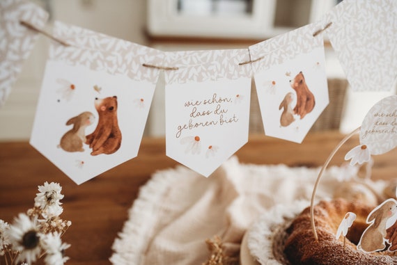 Girlande Bär erster Geburtstag Hase 1. Geburtstag Tiere Babyparty Dekoration Boho Tischdekoration Blumen beige neutral