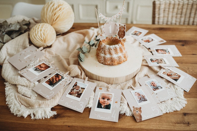 Jahreskarten Jahresmeilensteinkarten ersten Geburtstag Wimpelgirlande Meilensteinkarte erstes Jahr Jahresrückblick boho beige Bär Wald Bild 8