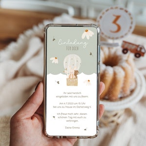 Einladung erster Geburtstag Handy digital Gans Bär Party Salbei Kindergeburtstag