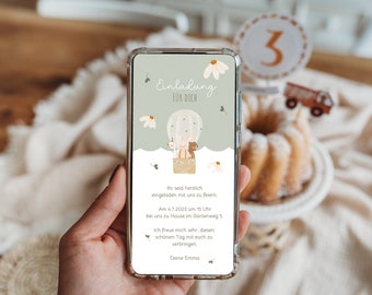Einladung erster Geburtstag Handy digital Gans Bär Party Salbei Kindergeburtstag