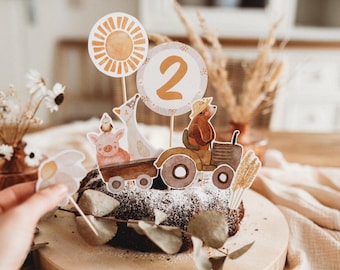 Geburtstagscaketopper Bauernhoftiere Traktor Tortenstecker Blumen 1. Geburtstag Kindergeburtstag Kuchendekoration Tischdekoration