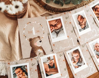 1. Geburtstag Meilensteinkarten Erinnerungskarten Jahreskarten Bär Pilze erstes Lebensjahr Jahresrückblick Baby boho