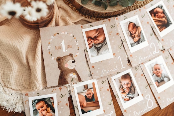 1. Geburtstag Meilensteinkarten Erinnerungskarten Jahreskarten Bär Pilze erstes Lebensjahr Jahresrückblick Baby boho