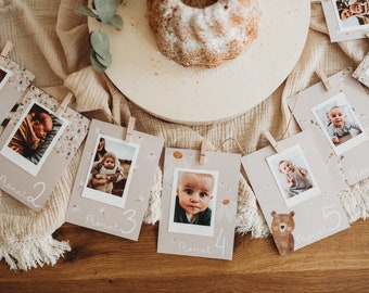 Jahreskarten Jahresmeilensteinkarten ersten Geburtstag Wimpelgirlande Meilensteinkarte ersten Jahr Jahresrückblick boho beige Bär Wald