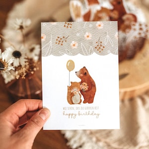 Geburtstagskarte Glückwunschkarte Tischdekoration Waldtiere Bär Salbei Kindergeburtstag boho