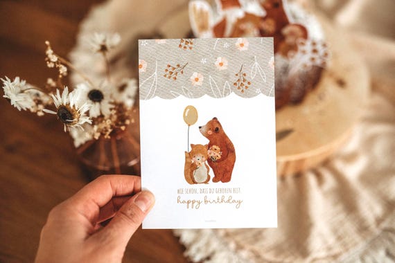 Geburtstagskarte Glückwunschkarte Tischdekoration Waldtiere Bär Salbei Kindergeburtstag boho