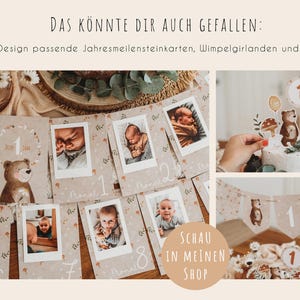 Pu&ograve; includere: Una collezione di biglietti per le tappe fondamentali del bambino, uno striscione e decorazioni per torte a tema orso. Le carte presentano foto di un bambino e i numeri 1-8. Lo striscione e le decorazioni per torte presentano anche un orso e il numero 1.