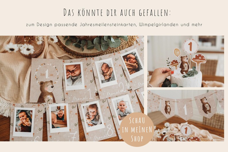 Pu&ograve; includere: Una collezione di biglietti per le tappe fondamentali del bambino, uno striscione e decorazioni per torte a tema orso. Le carte presentano foto di un bambino e i numeri 1-8. Lo striscione e le decorazioni per torte presentano anche un orso e il numero 1.
