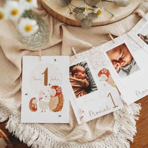 Jahreskarten Jahresmeilensteinkarten ersten Geburtstag Wimpelgirlande Meilensteinkarte ersten Jahresrückblick boho beige Igel Wald