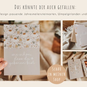 May include: A set of printable cards with a floral design and the text "wie schon, dass du * geboren bist". The cards are displayed on a light brown surface with a white blanket. The text "SCHAU IN MEINEN SHOP" is visible in a circle on the bottom right corner of the image.