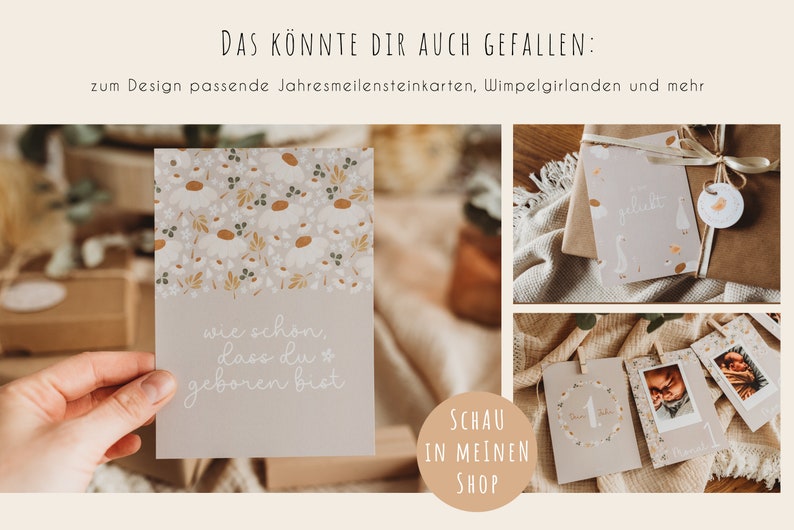 May include: A set of printable cards with a floral design and the text "wie schon, dass du * geboren bist". The cards are displayed on a light brown surface with a white blanket. The text "SCHAU IN MEINEN SHOP" is visible in a circle on the bottom right corner of the image.