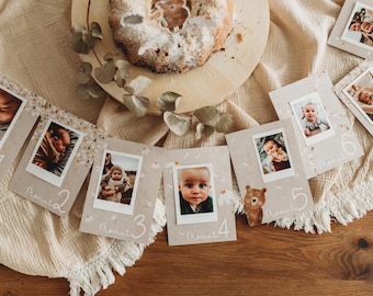 Jahreskarten Jahresmeilensteinkarten ersten Geburtstag Wimpelgirlande Meilensteinkarte ersten Jahresrückblick boho beige Bär Wald