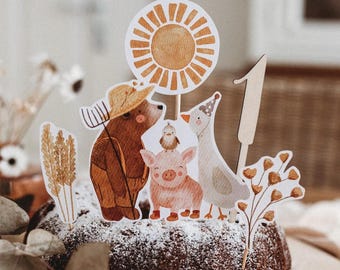 Geburtstag Caketopper Bauernhoftiere Bauer Tortenstecker Blumen 1. Geburtstag Kindergeburtstag Kuchendekoration Tischdekoration