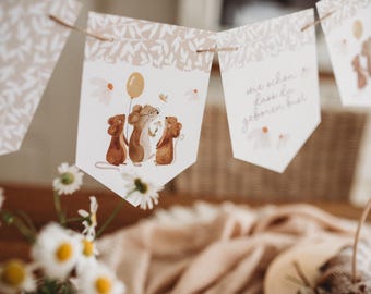 Geburtstagsgirlande Maus erster Geburtstag 2. Geburtstag Tiere Babyparty Dekoration Boho Tischdekoration Blumen beige neutral