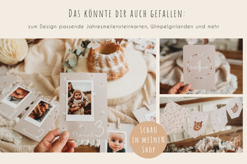 Peut inclure: Ensemble de cartes &eacute;tapes pour b&eacute;b&eacute;, une guirlande et d'autres &eacute;l&eacute;ments d&eacute;coratifs. Les cartes pr&eacute;sentent des photos et les mois 1, 2 et 3. La guirlande a un motif d'ours. Le texte "DAS K&Ouml;NNTE DIR AUCH GEFALLEN" est visible.