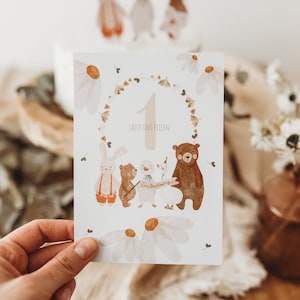 Einladungskarte 1. Geburtstag Waldtiere Blumen Baby Babyparty Einladung Kindergeburtstag erster Geburtstag boho