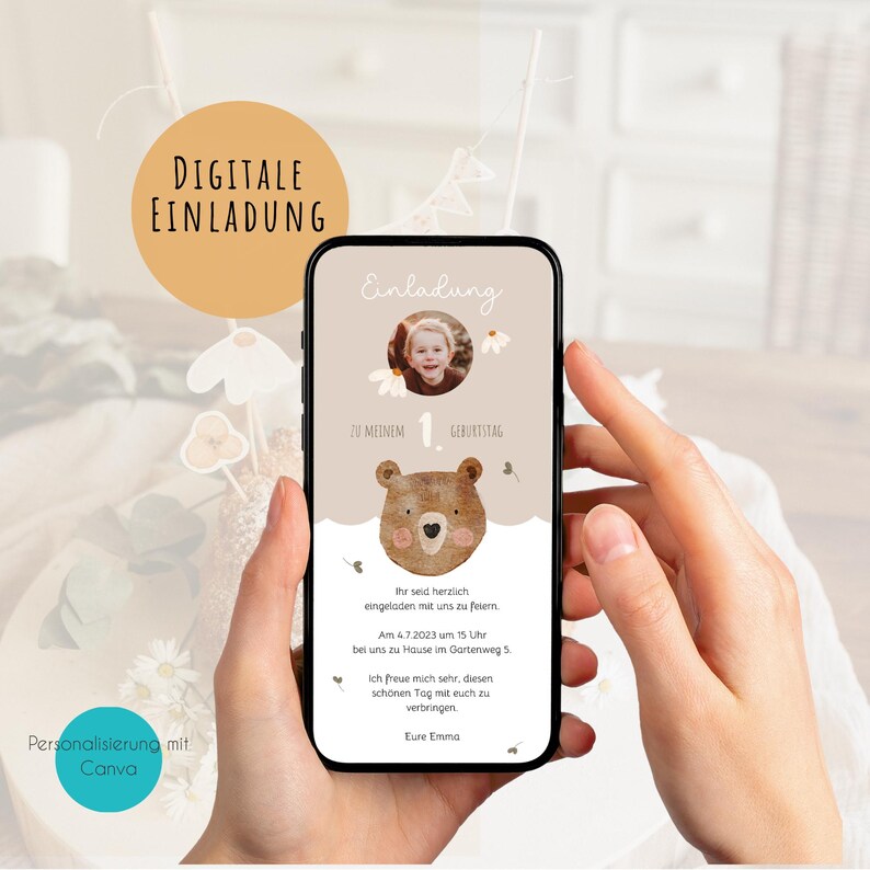 1. Geburtstag Einladung whatsApp Handy digital Bär Party Kindergeburtstag image 4