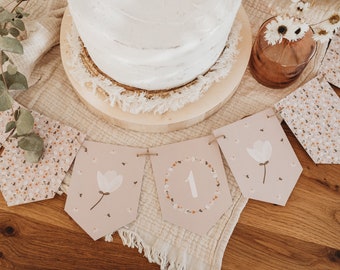 Girlande Mädchen erster Geburtstag Waldtiere 1. Geburtstag Tiere Babyparty Dekoration Boho Tischdekoration Blumen beige neutral