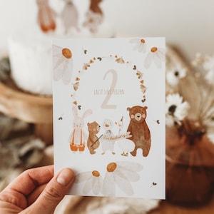 Einladungskarte zweiten Geburtstag Waldtiere Blumen Baby Babyparty Kindergeburtstag 2. Geburtstag boho