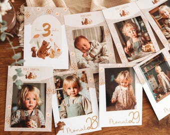 3. Geburtstag Meilensteinkarten Erinnerungskarten Jahreskarten Bär Gans Gänseblume drittes Lebensjahr Jahresrückblick Baby boho