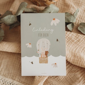 Einladungskarte 1. Geburtstag Bär Salbei Heißluftballon Blumen Baby Babyparty Einladung Kindergeburtstag erster Geburtstag Sommer boho